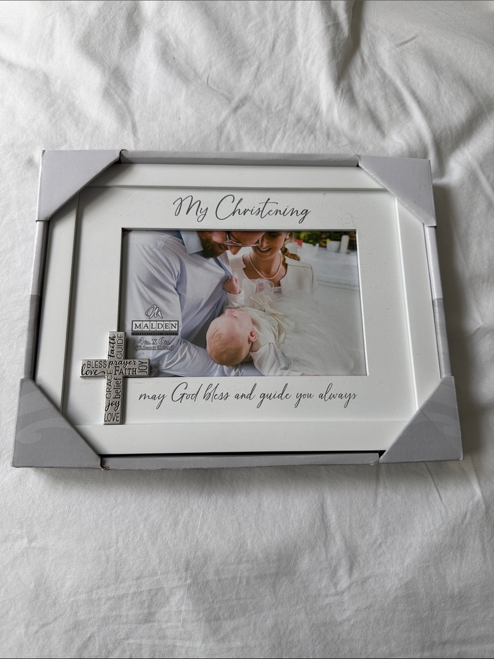 Malden White Christening Frame with Cross Accent